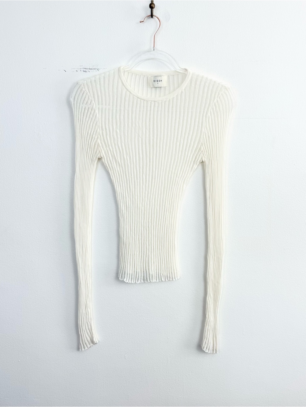 Dissh White Ribbed Knit Long Sleeve Top Size S Fitted Minimalist